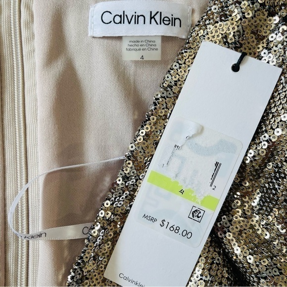 Calvin Klein Gold  Silver V-Neck Sequin Mesh Dress 3/4 Sleeve Sheath Cocktail - Picture 9 of 11